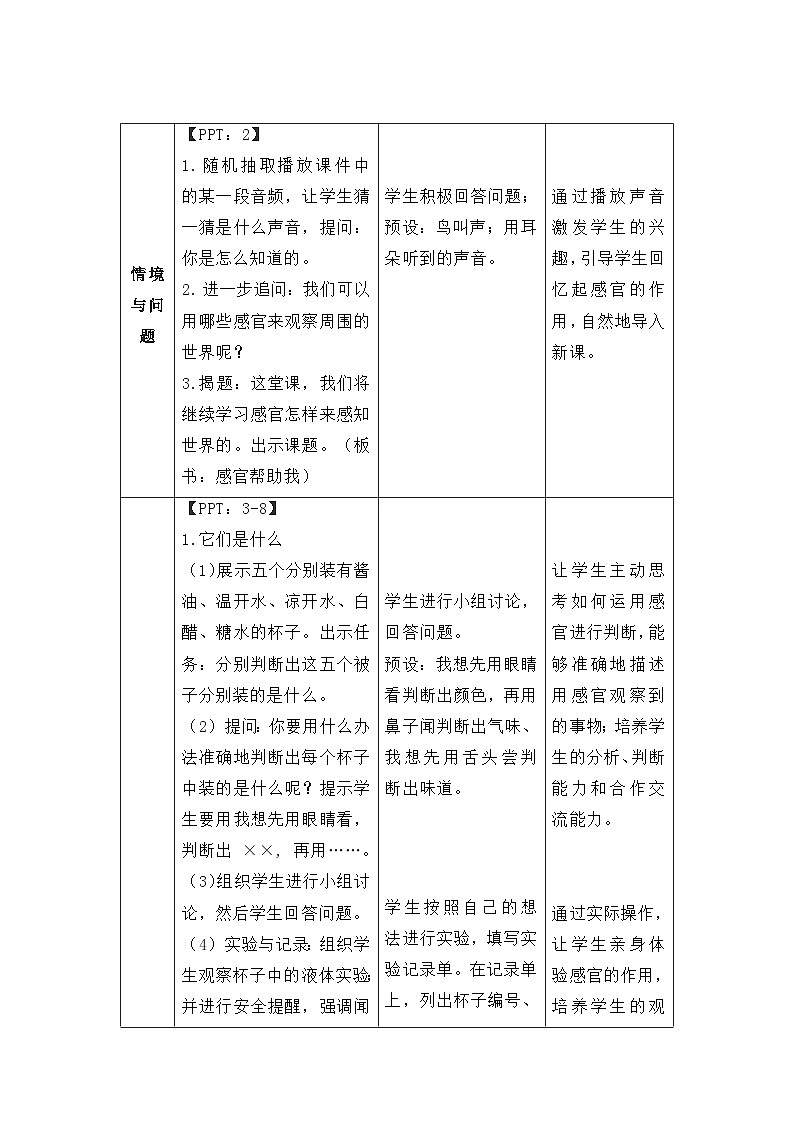 科学冀人版一年级上册（2024）第4课  感官帮助我 教案第3页