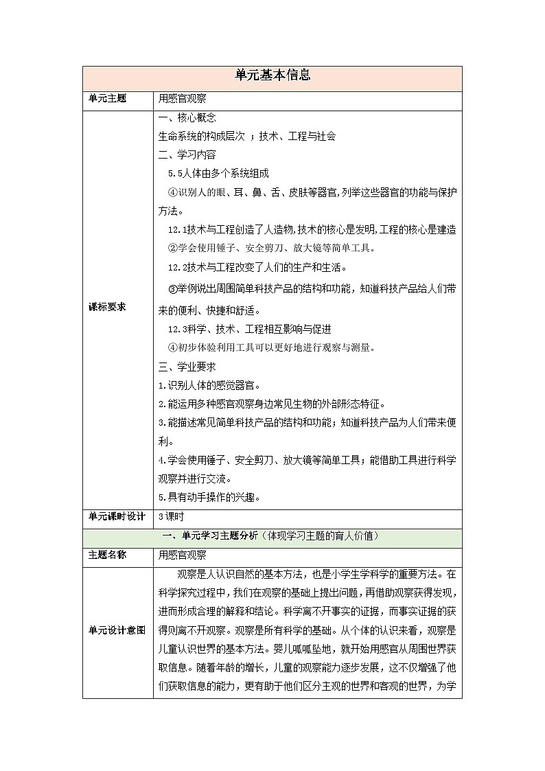 【大单元整体教学】第二单元《用感官观察》整体设计第1页