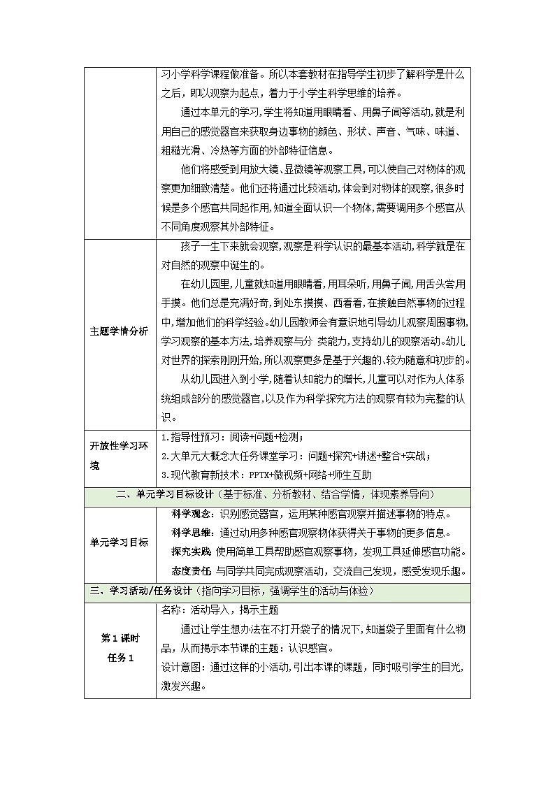 【大单元整体教学】第二单元《用感官观察》整体设计第2页