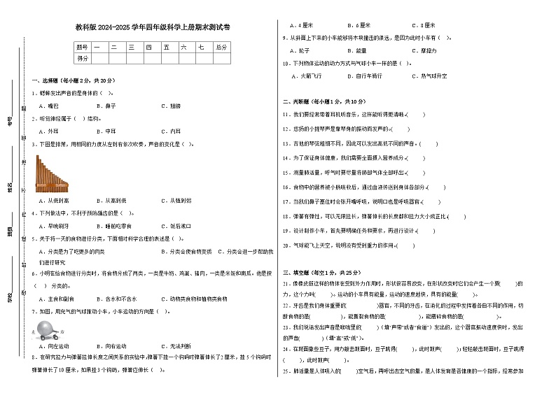 2024-2025学年四年级科学上册期末测试卷  教科版（A3，含答案）第1页