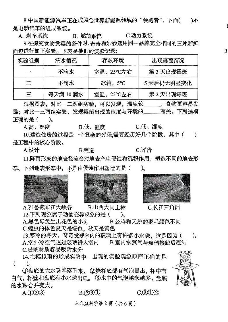 2024-2025学年洛阳市六年级上学期期末科学试卷第2页