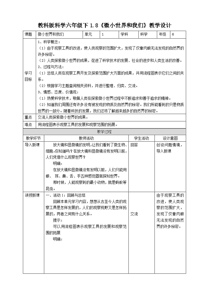  教科版科学六下1.8《微小世界和我们》教案第1页