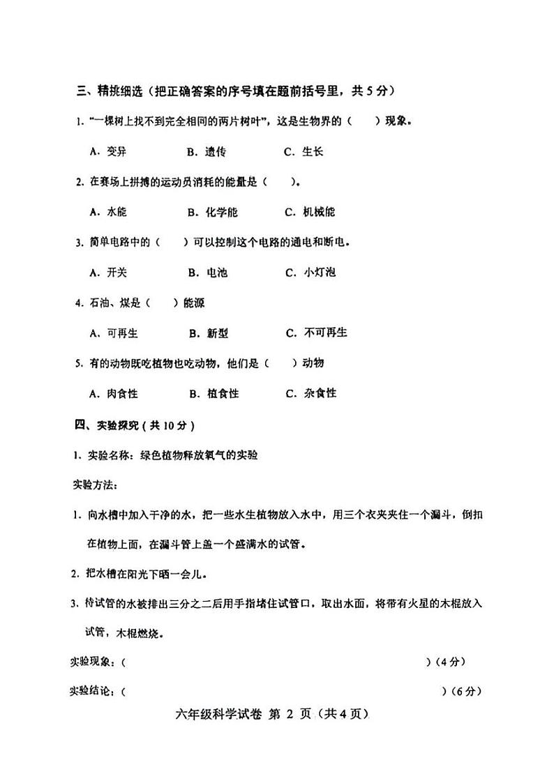 河北省保定市蠡县2024-2025学年六年级上学期末科学试题第2页