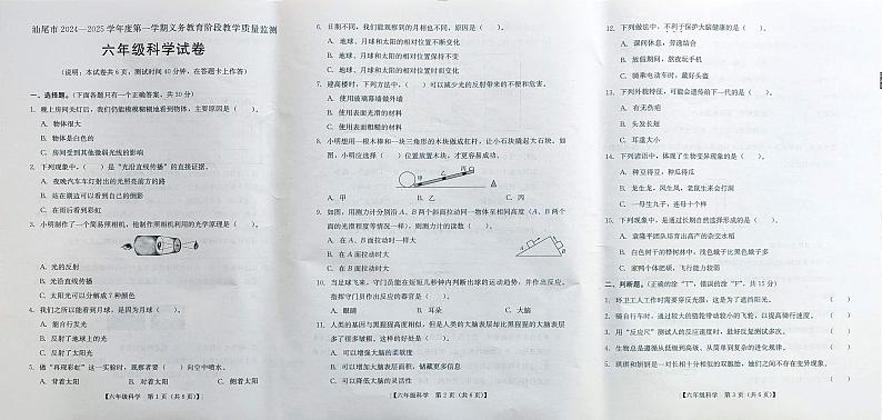 广东省汕尾市陆丰市2024-2025学年六年级上学期期末科学试题第1页