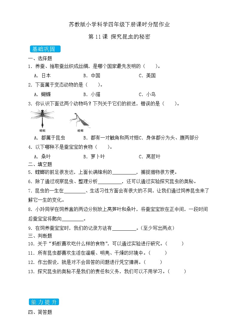 苏教版（2017）科学四下 3.3《探究昆虫的秘密》分层练习第1页