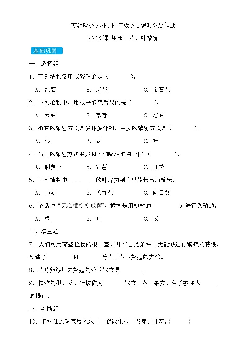 苏教版（2017）科学四下 4.2《用根、茎、叶繁殖》分层练习第1页