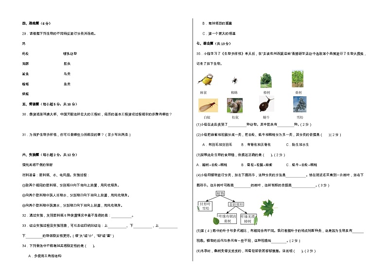 教科版（2017）六年级下册科学期中测试卷（A3，后附答案）第2页