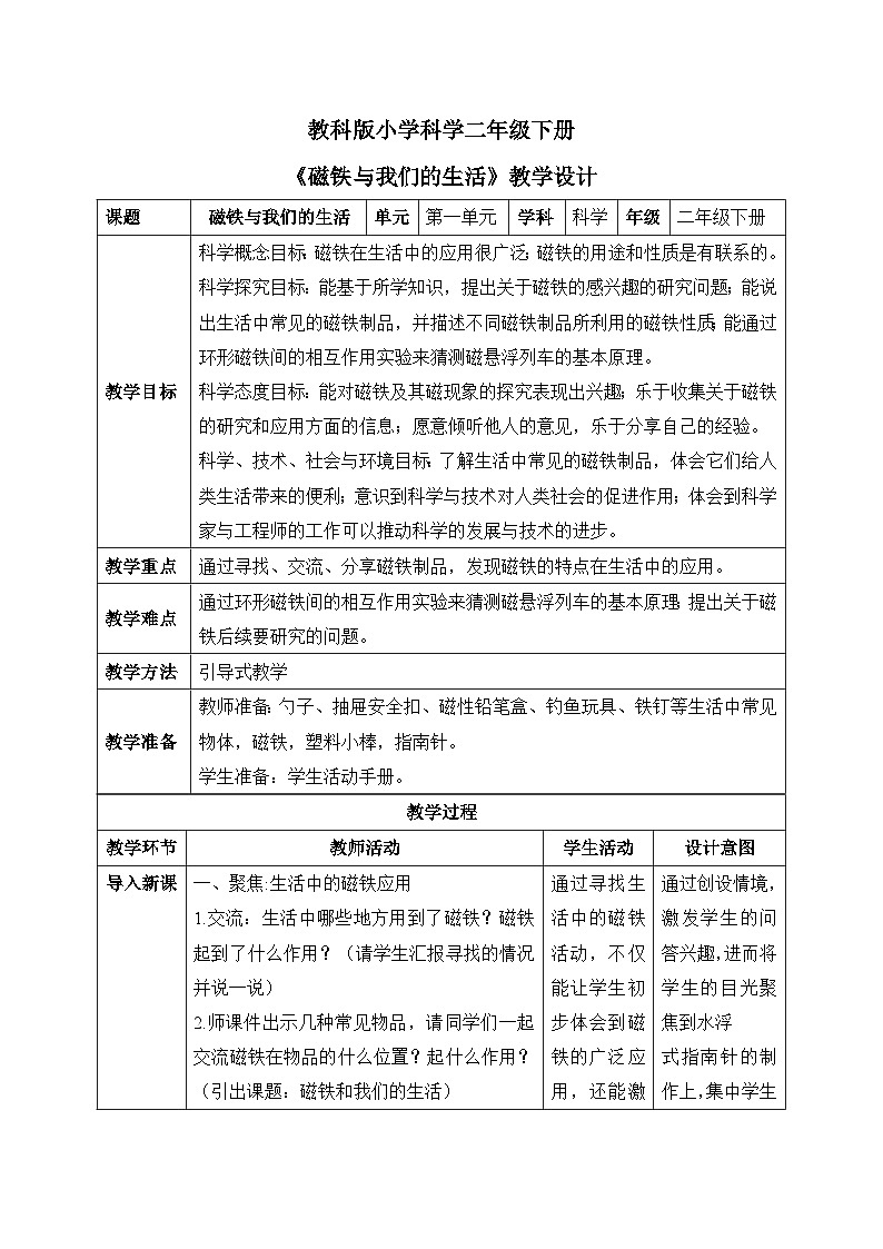 磁铁与我们的生活 教学设计第1页