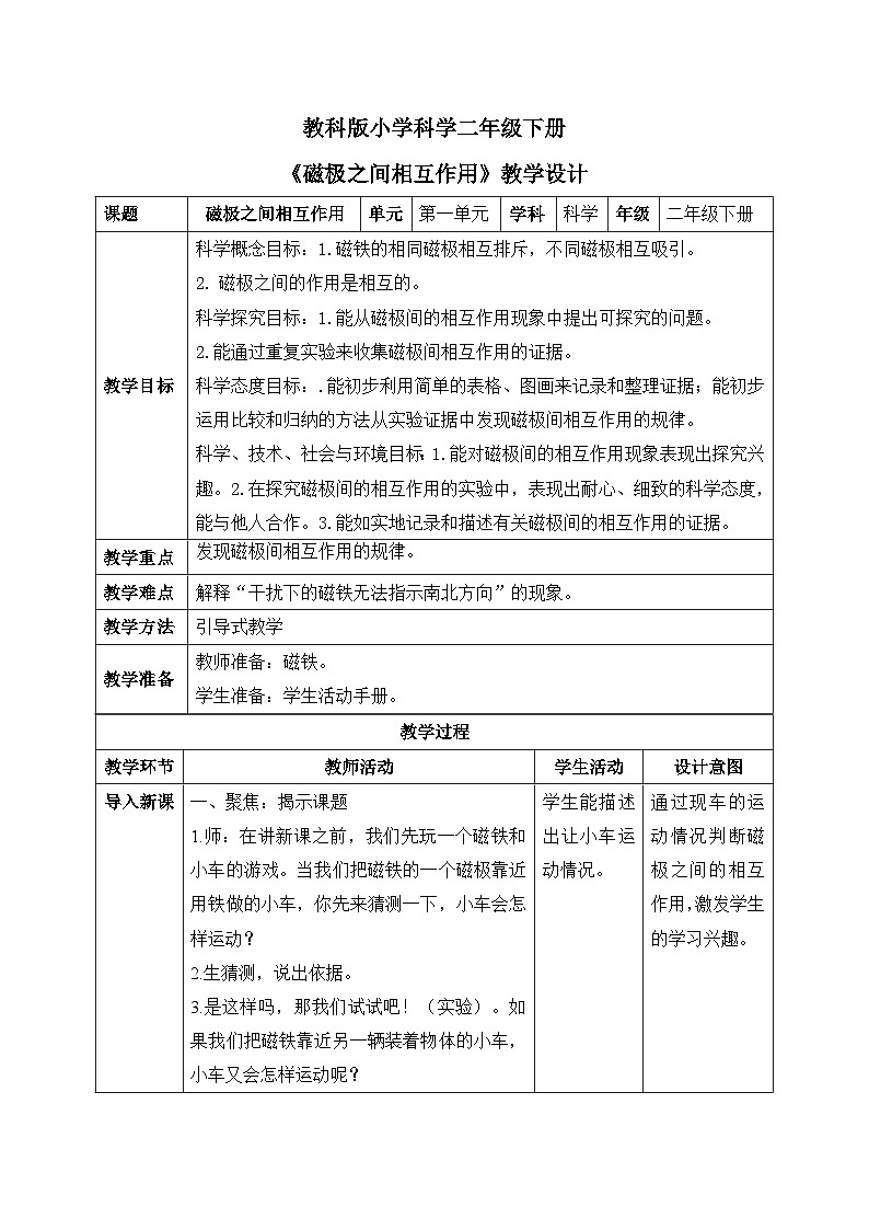 磁极之间相互作用 教学设计第1页