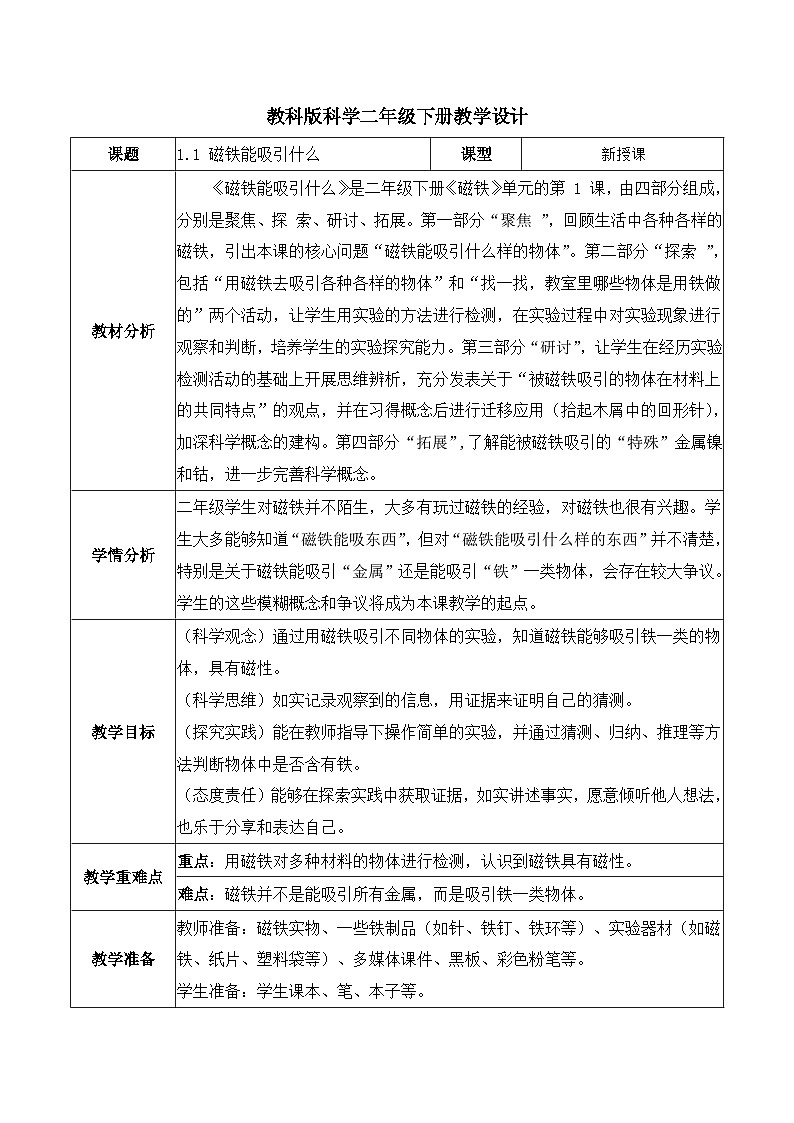 1.1 磁铁能吸引什么（教学设计）第1页