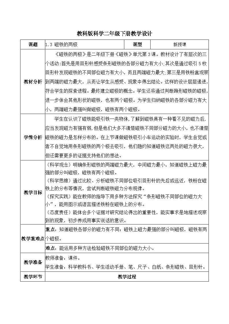 1.3 磁铁的两极（教学设计）第1页