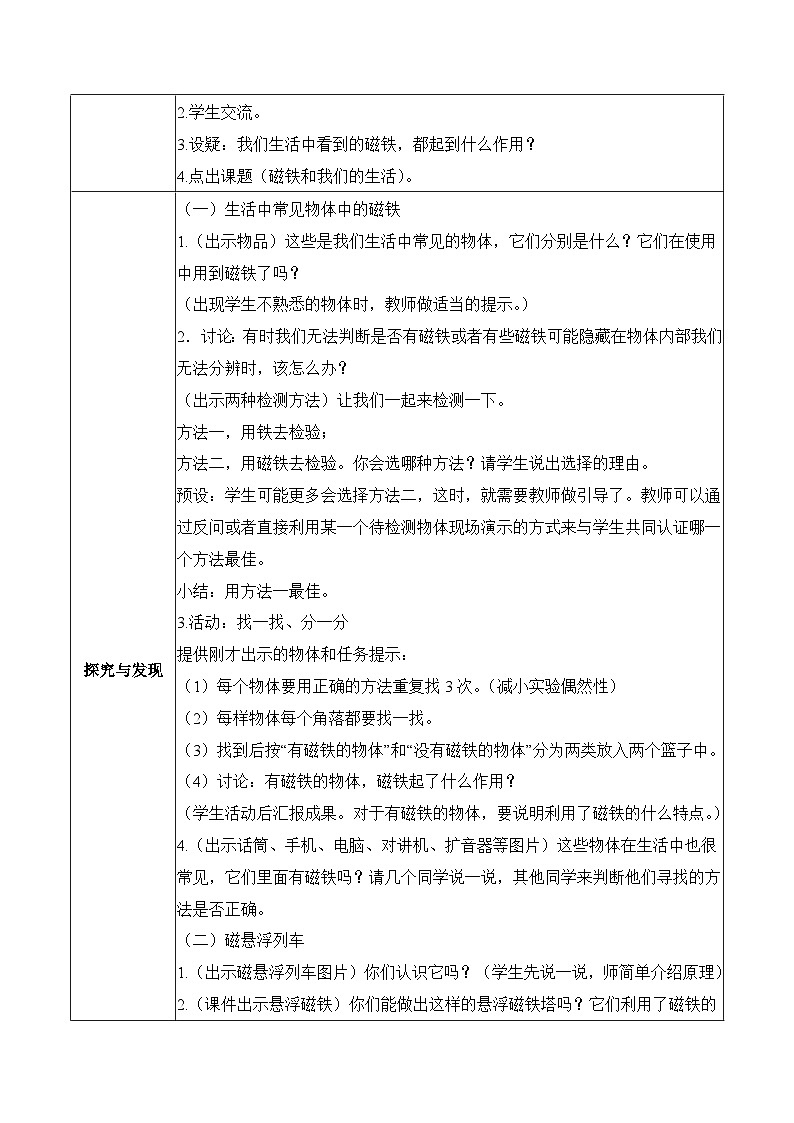 1.7 磁铁和我们的生活（教学设计）第2页