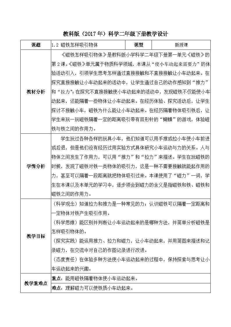 【备课无忧】教科版科学二下-1.2 磁铁怎样吸引物体（教案）第1页