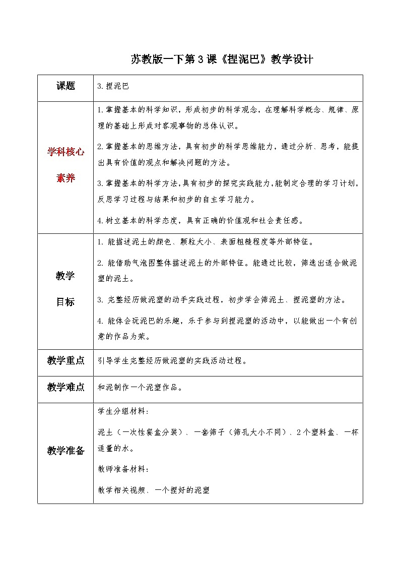 【核心素养】苏教版科学一年级下册 1.3 捏泥巴 同步教案第1页