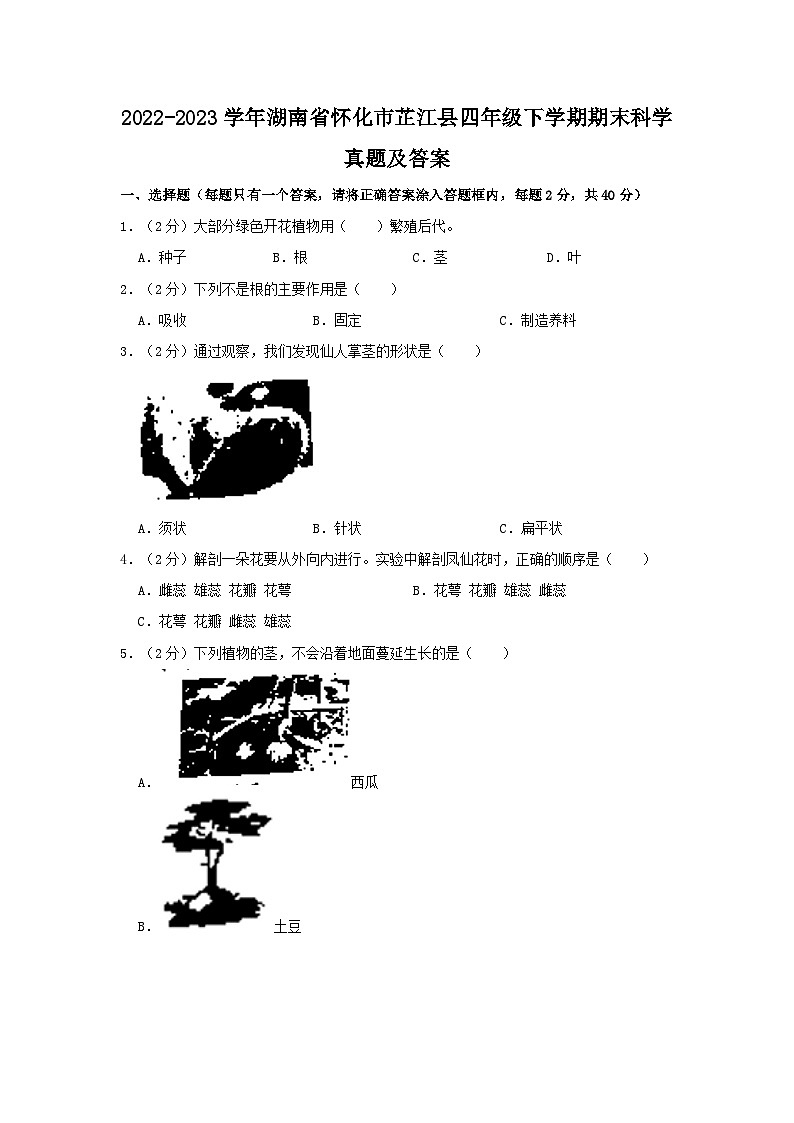 2022-2023学年湖南省怀化市芷江县四年级下学期期末科学真题及答案第1页