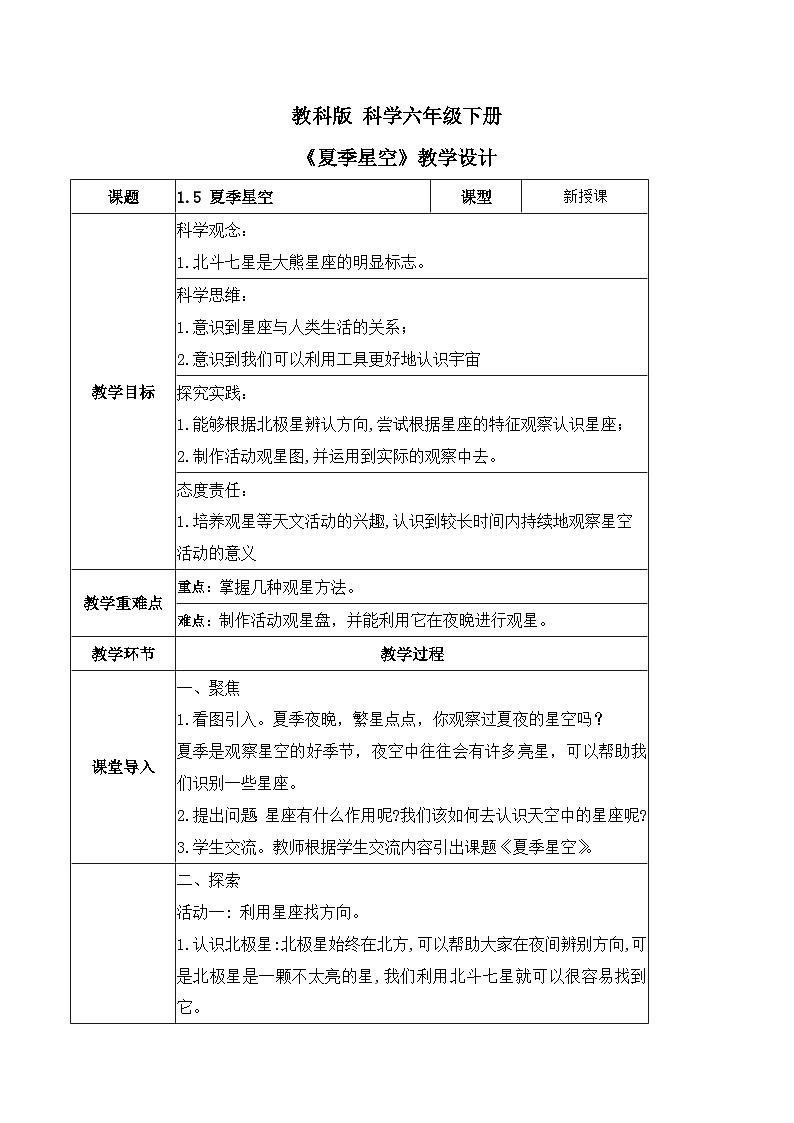 3.5 夏季星空（教学设计）（教科版）第1页