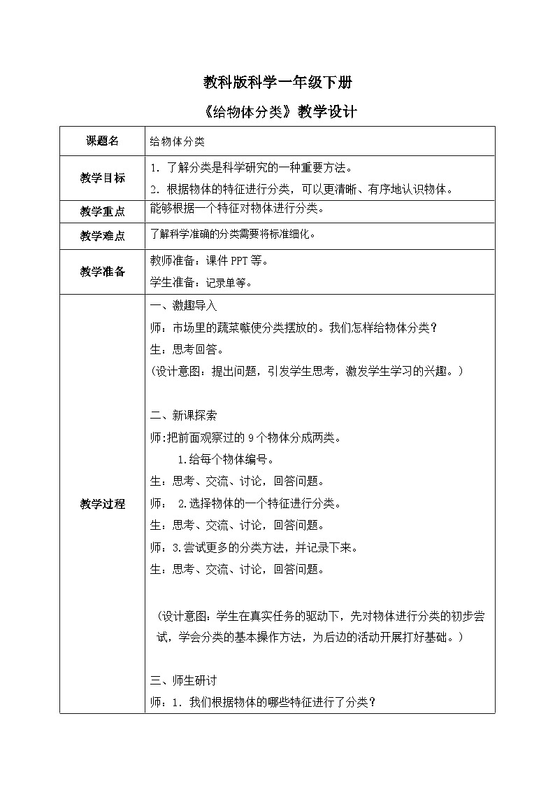第2课 给物体分类（教学设计）25春新教材教科版一年级下册.pptx第1页