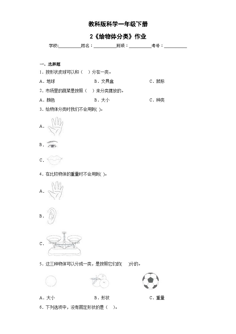 第2课 给物体分类（作业）25春新教材教科版一年级下册.pptx第1页