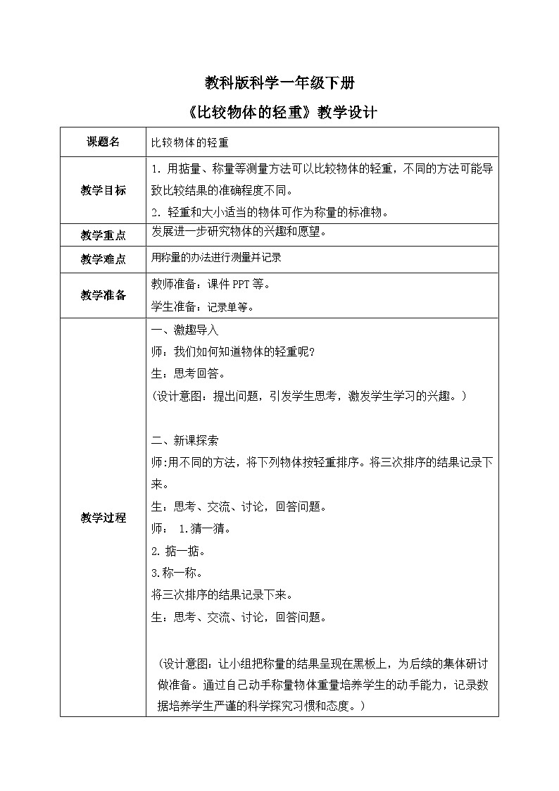 第3课 比较物体的轻重（教学设计）25春新教材教科版一年级下册.pptx第1页