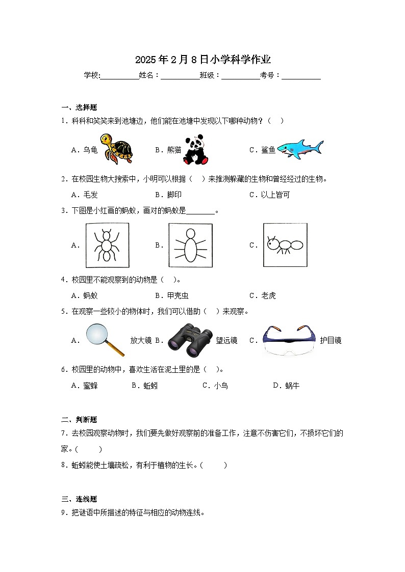 第2.1课 我们周围得动物（作业）25春新教材教科版一年级下册.pptx第1页