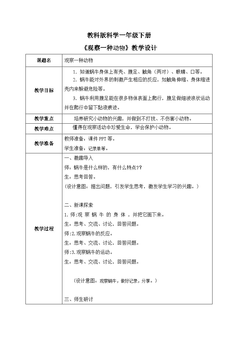 第2.2课 观察一种动物（教学设计）25春新教材教科版一年级下册.pptx第1页