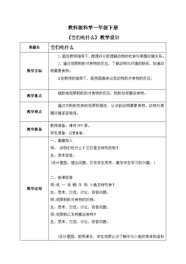 第2.5课 它们吃什么（教学设计）25春新教材教科版一年级下册.pptx第1页