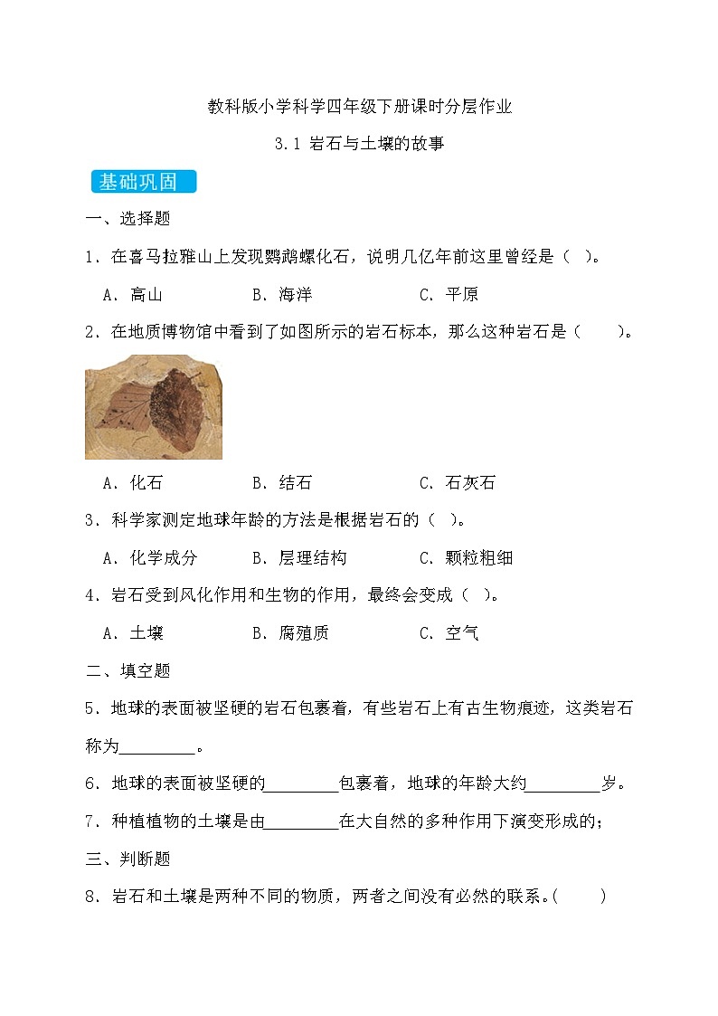 【备课无忧】教科版科学四下-3.1 岩石与土壤的故事（习题）第1页