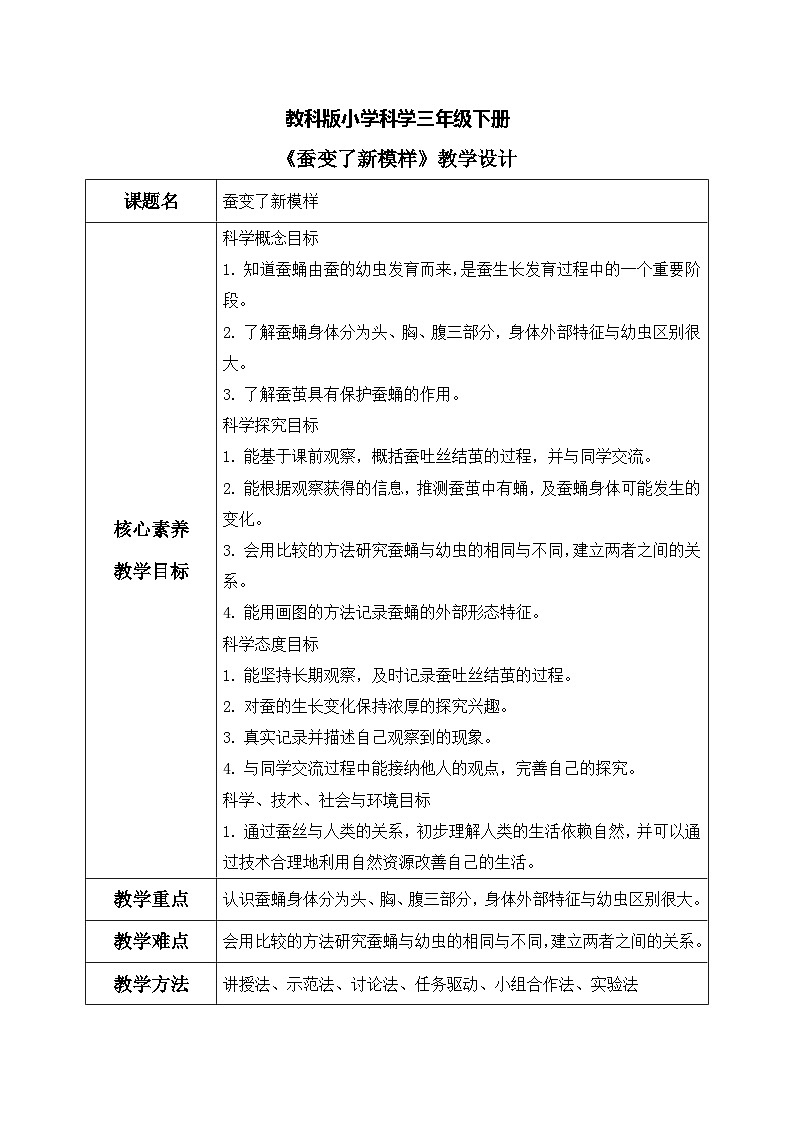 【核心素养目标】教科版科学三下 2.4 《蚕变了新模样》教学设计（表格式+教学反思）第1页