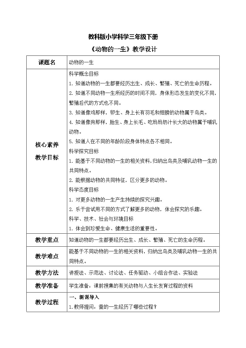 【核心素养目标】教科版科学三下 2.8 《动物的一生》教学设计（表格式+教学反思）第1页