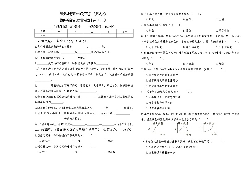 教科版五年级下册《科学》期中综合质量检测卷一【A3版，后附答案】第1页