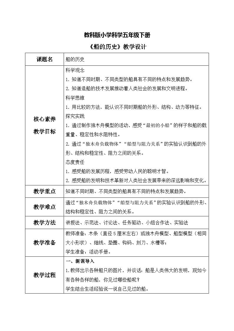 【核心素养目标】教科版科学五下 2.1 《船的历史》教学设计（表格式+教学反思）第1页