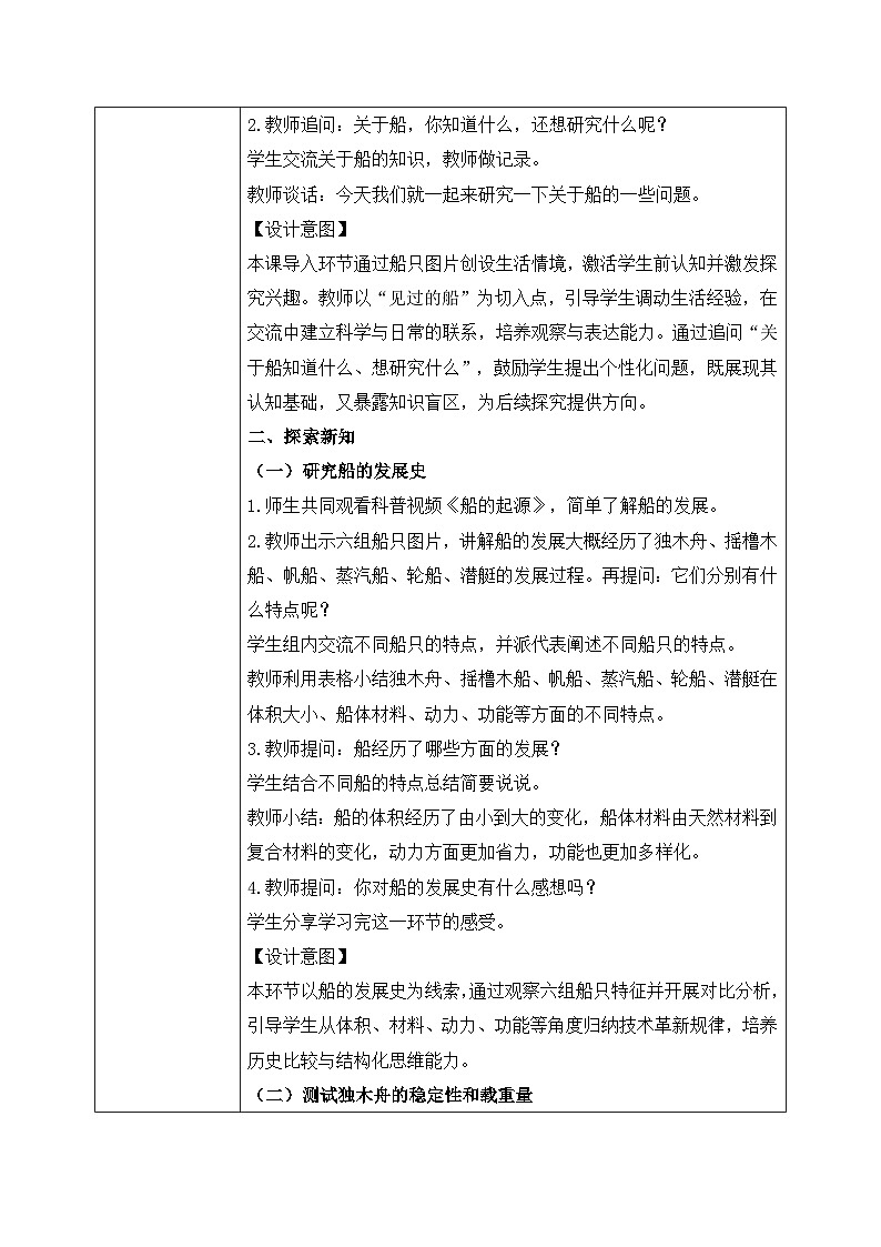 【核心素养目标】教科版科学五下 2.1 《船的历史》教学设计（表格式+教学反思）第2页