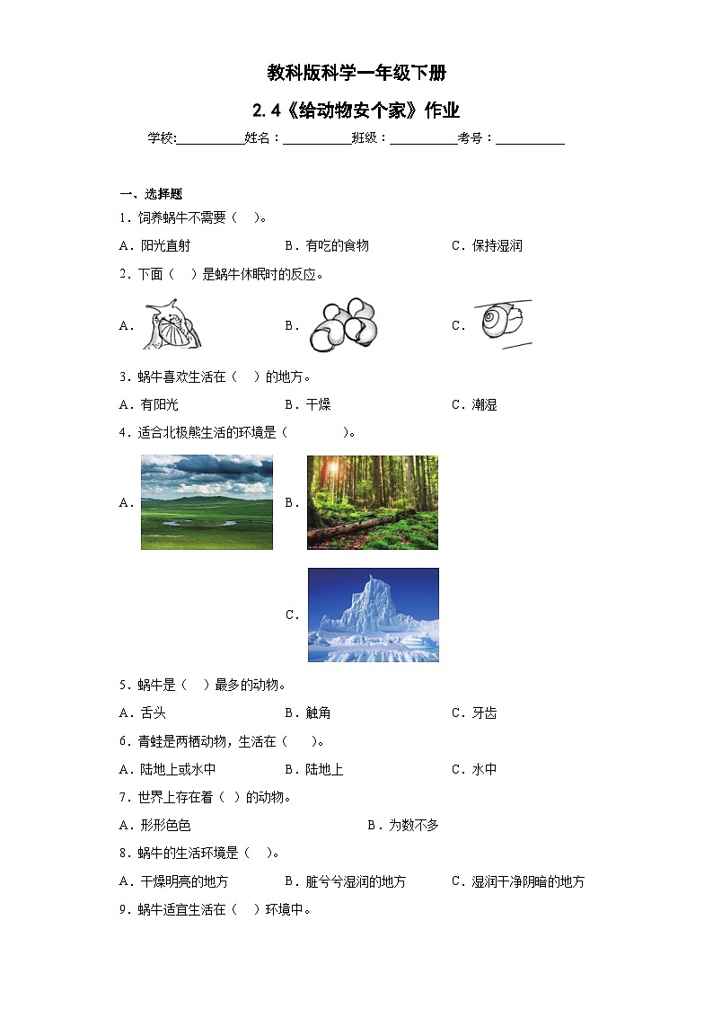 第2.3课 给蜗牛建个“家”（同步练习）新教材教科版一年级下册第1页