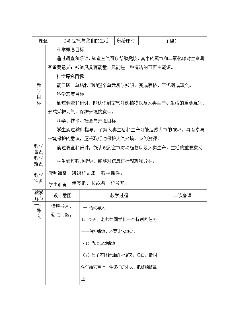 第2.8课 空气和我们的生活（教学设计）三年级科学上册（教科版）第1页