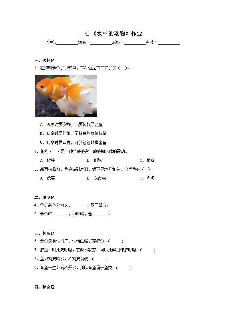 4.《水中的动物》作业第1页
