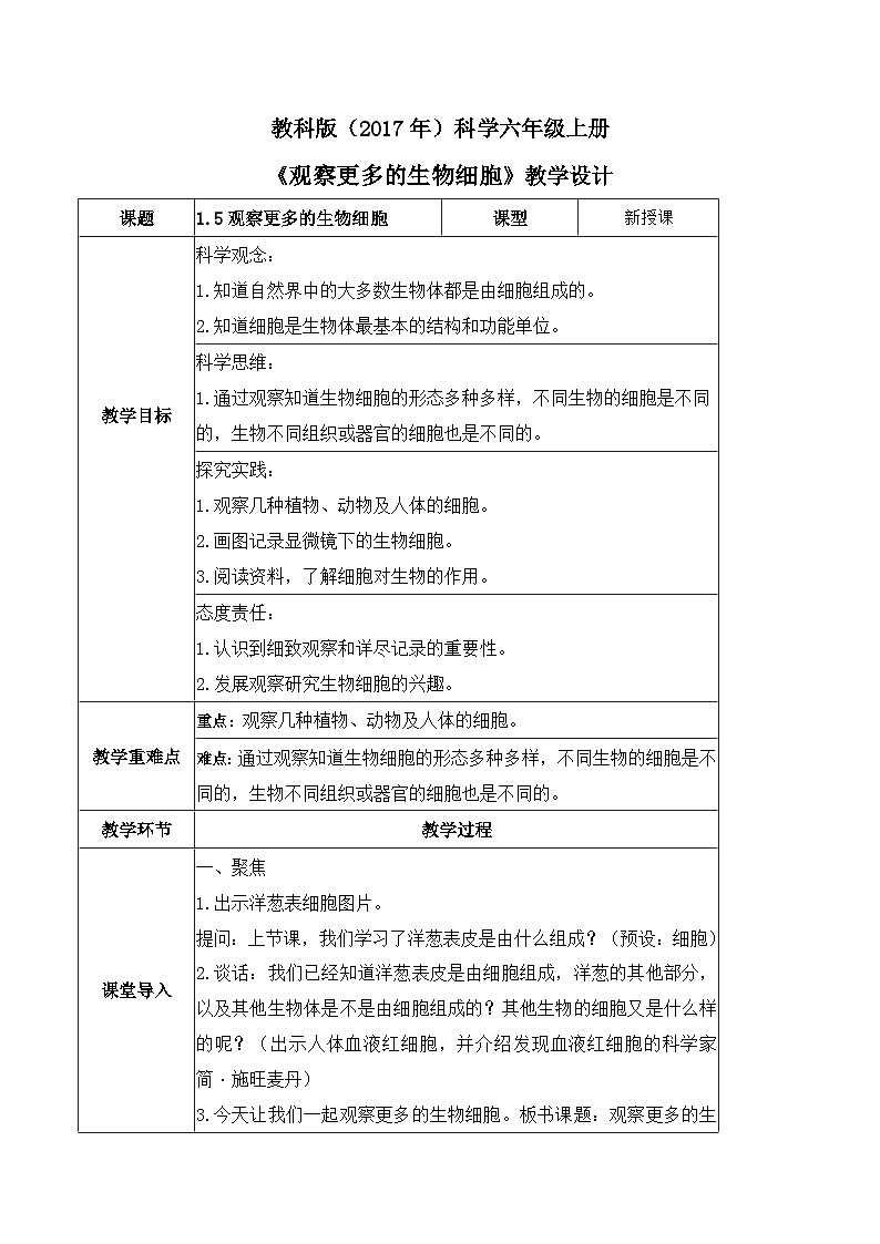 第1.5课 观察更多的生物细胞（教学设计）六年级科学上册系列（教科版）第1页