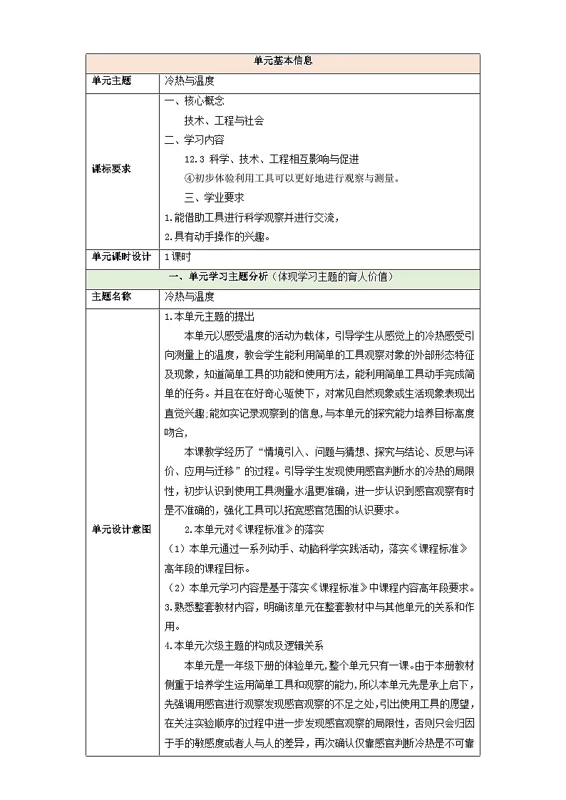 【大单元教学】体验单元《冷热与温度》 单元整体设计第1页