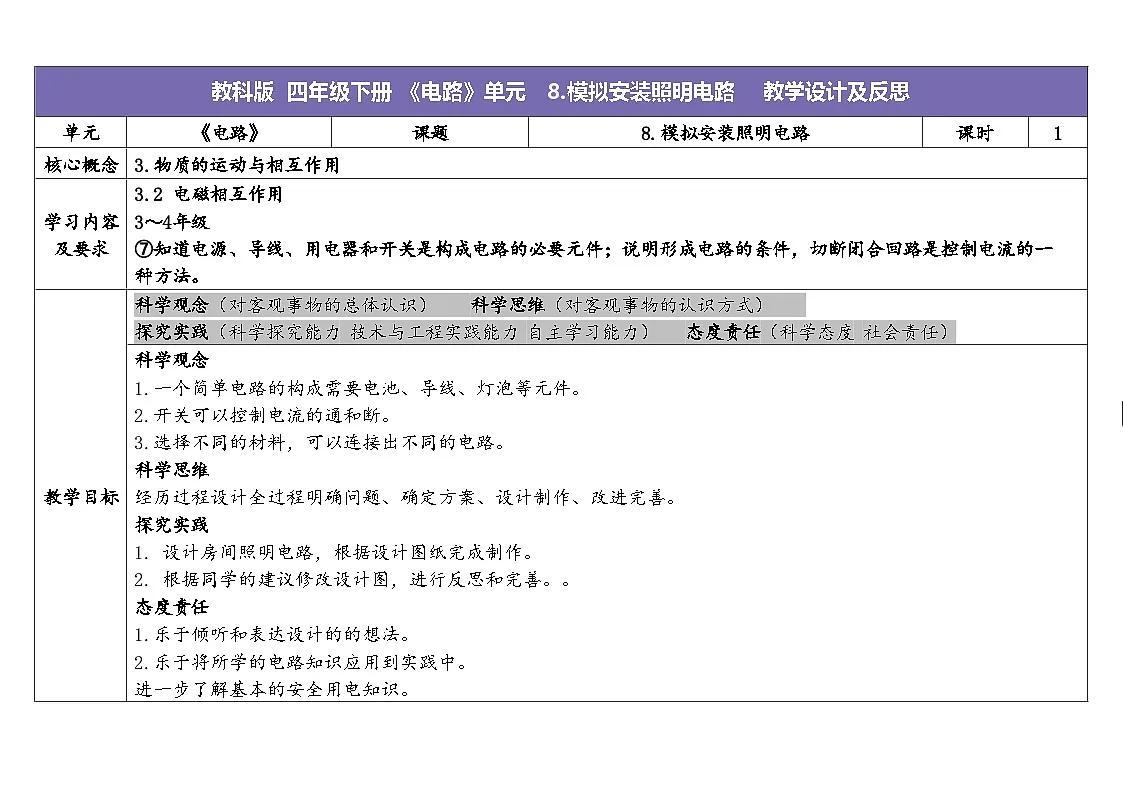 2024-2025学年教科版科学四年级下册教学设计 2.8.模拟安装照明电路第1页
