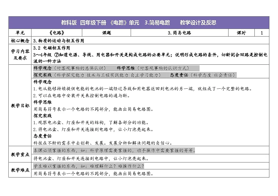 2024-2025学年教科版科学四年级下册教学设计 2.3.简易电路第1页