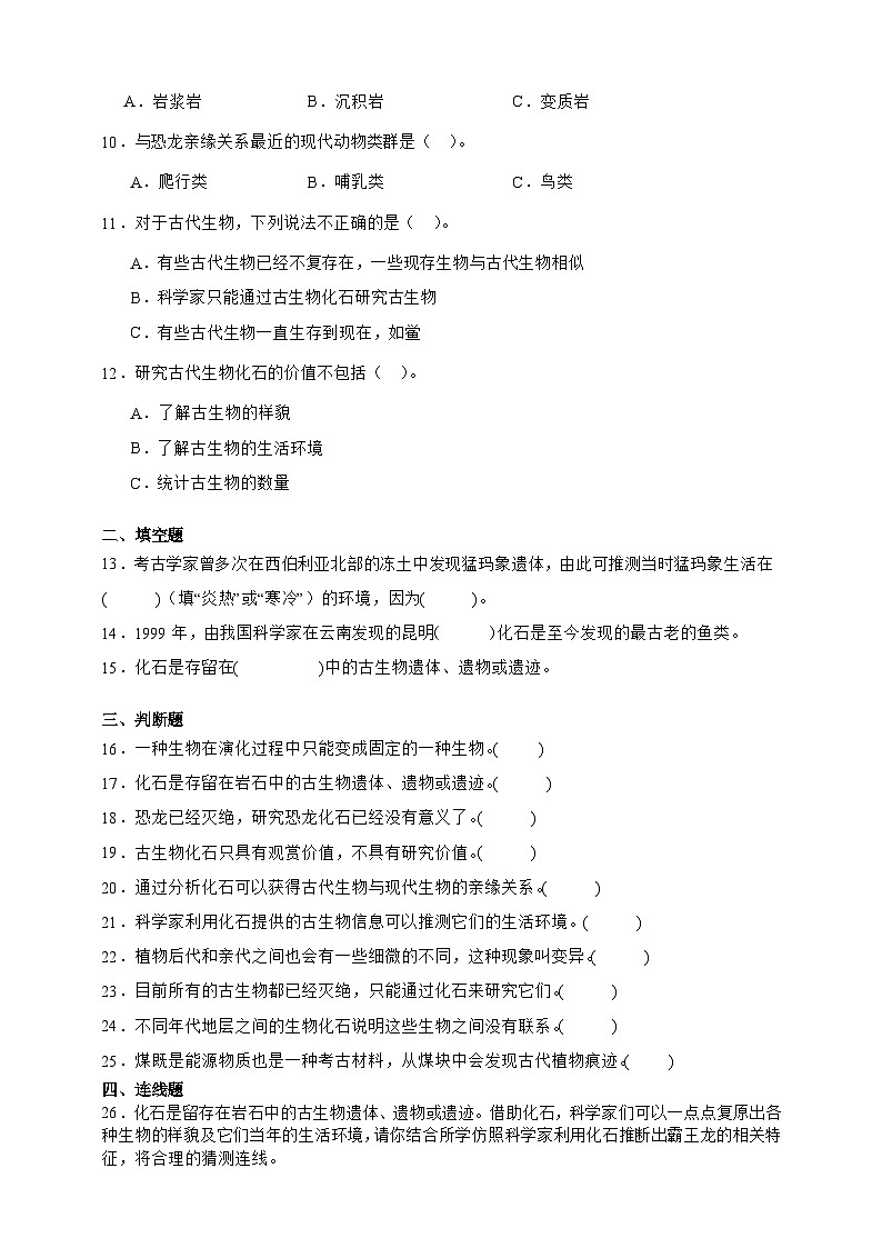 2.6 古代生物的多样性 同步分层练习（含答案）-教科版六年级下册科学第2页