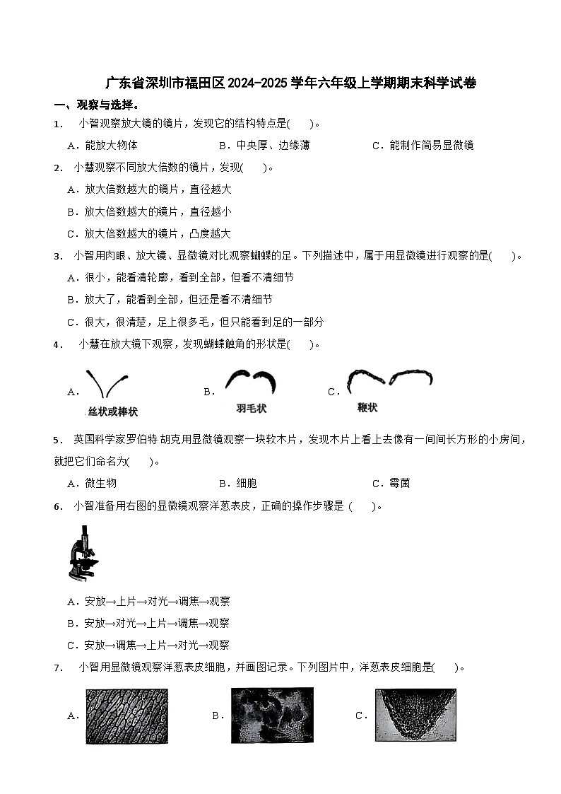 广东省深圳市福田区2024-2025学年六年级上学期期末科学试卷第1页