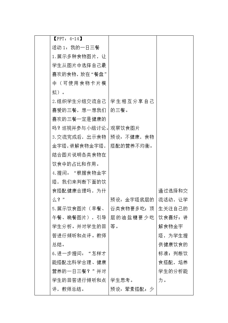 第8课  食物与健康 教案 2024-2025学年科学一年级下册冀人版（2024）第3页
