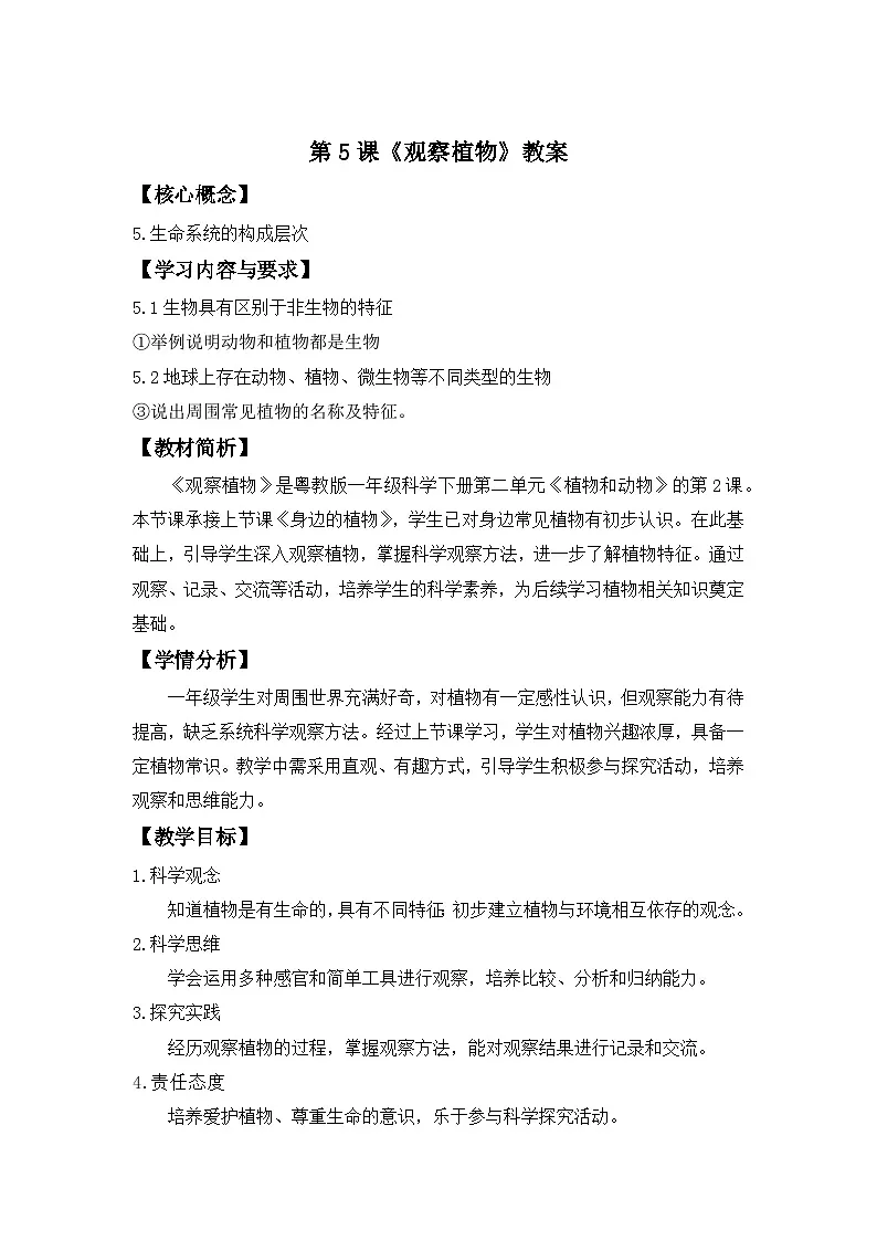 第5课 观察植物 教案 科学粤教粤科版（2024）一年级下册第1页