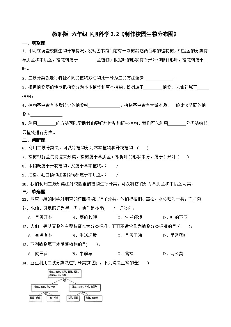 教科版科学六年级下册第2单元 2《制作校园生物分布图》同步练习（含解析）第1页