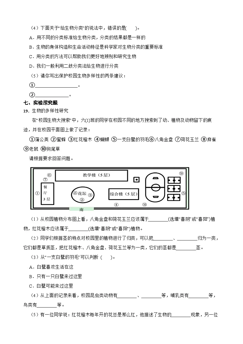 教科版科学六年级下册第2单元 1《校园生物大搜索》同步练习（含解析）第3页
