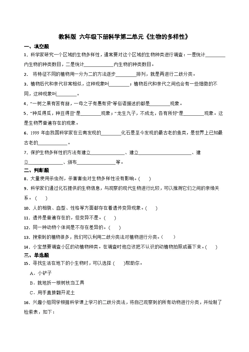 教科版科学六年级下册第二单元《生物的多样性》单元练习卷（含解析）第1页