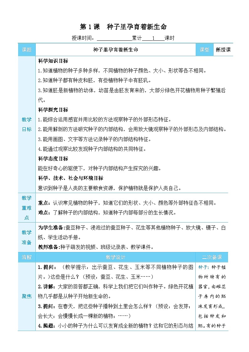 第1课《种子里孕育着新生命》教学设计 教科版科学四年级下册第1页