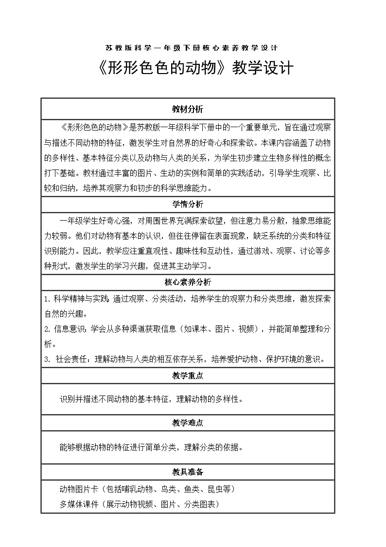 【核心素养】苏教版（新教材）科学一下4.10《形形色色的动物》教案含反思第1页