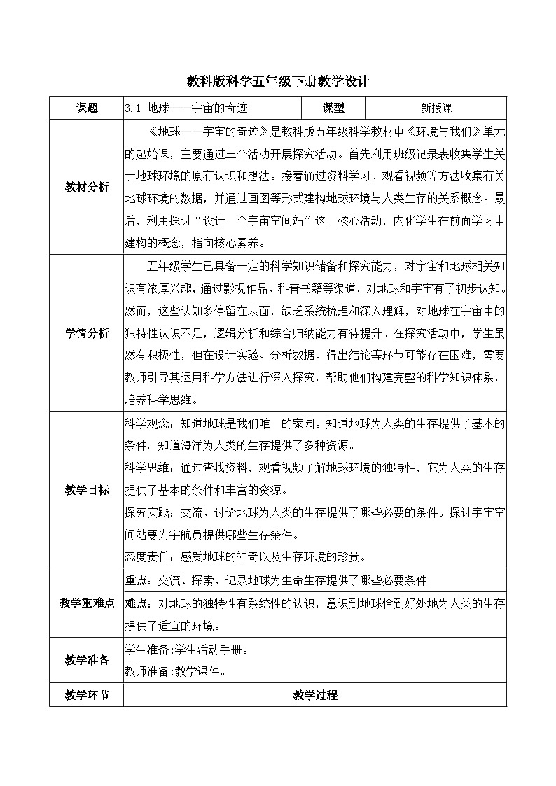 3.1 地球——宇宙的奇迹（教学设计）第1页