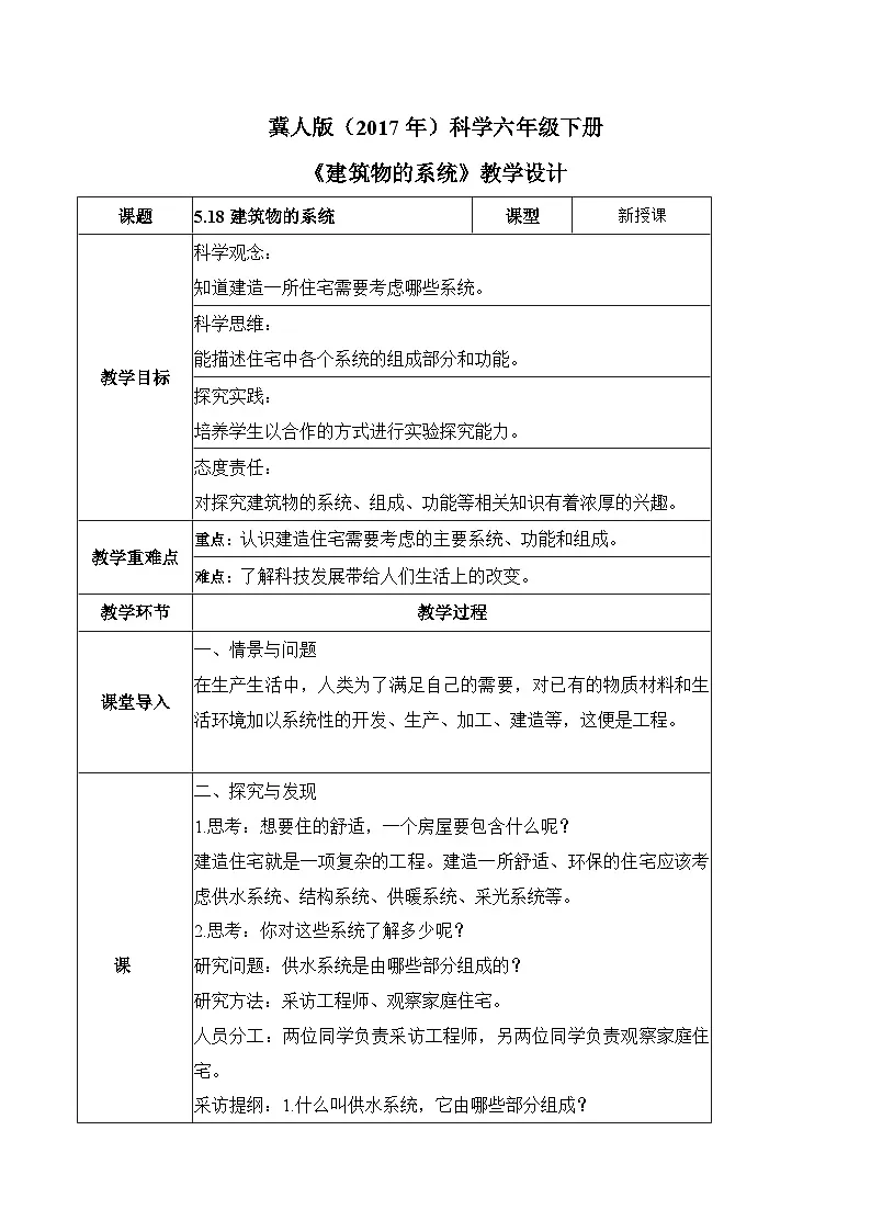 【核心素养】冀人版科学六年级下册 5.18建筑物的系统 同步教案第1页